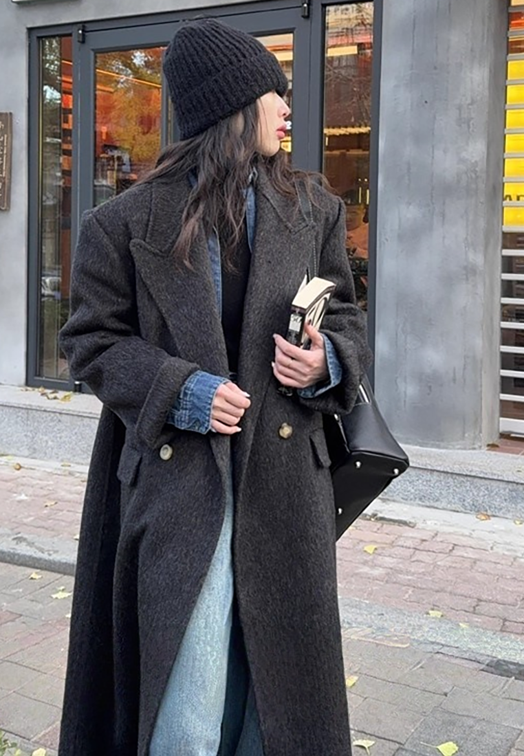 Autumn/Winter Double-Sided Cashmere Suit Collar Wool Long Coat CA25102435BK