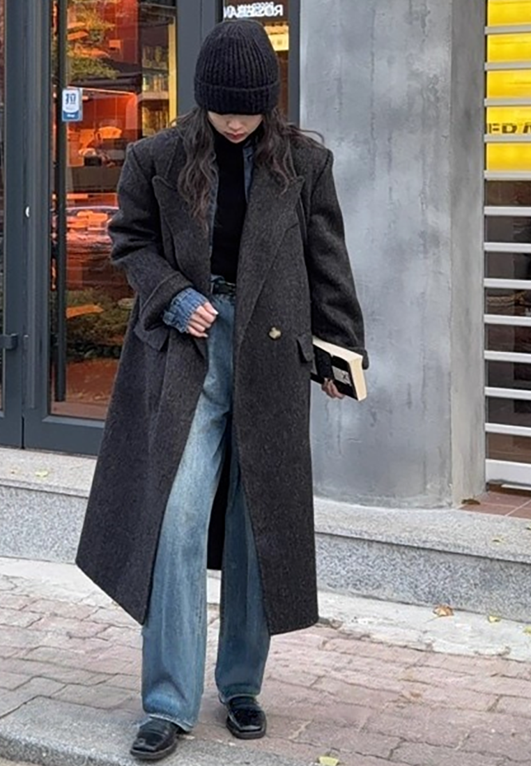 Autumn/Winter Double-Sided Cashmere Suit Collar Wool Long Coat CA25102435BK