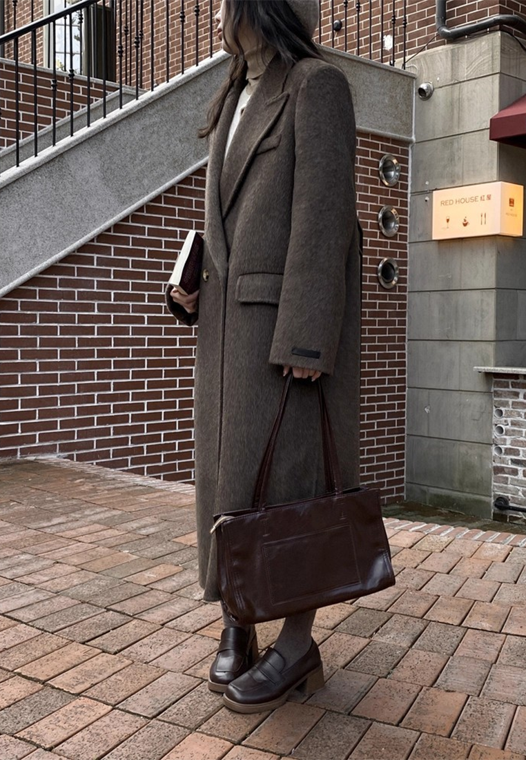 Autumn/Winter Double-Sided Cashmere Suit Collar Wool Long Coat CA25102435BK