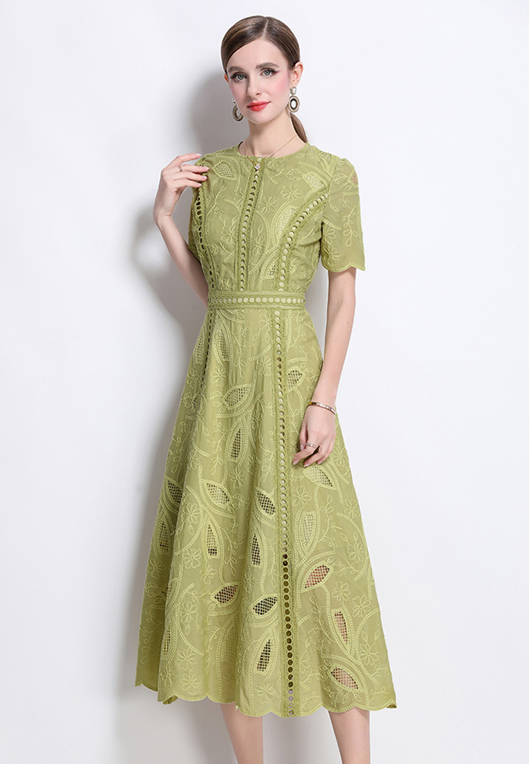 Retro high-end round neck lace dress CA25070935GR