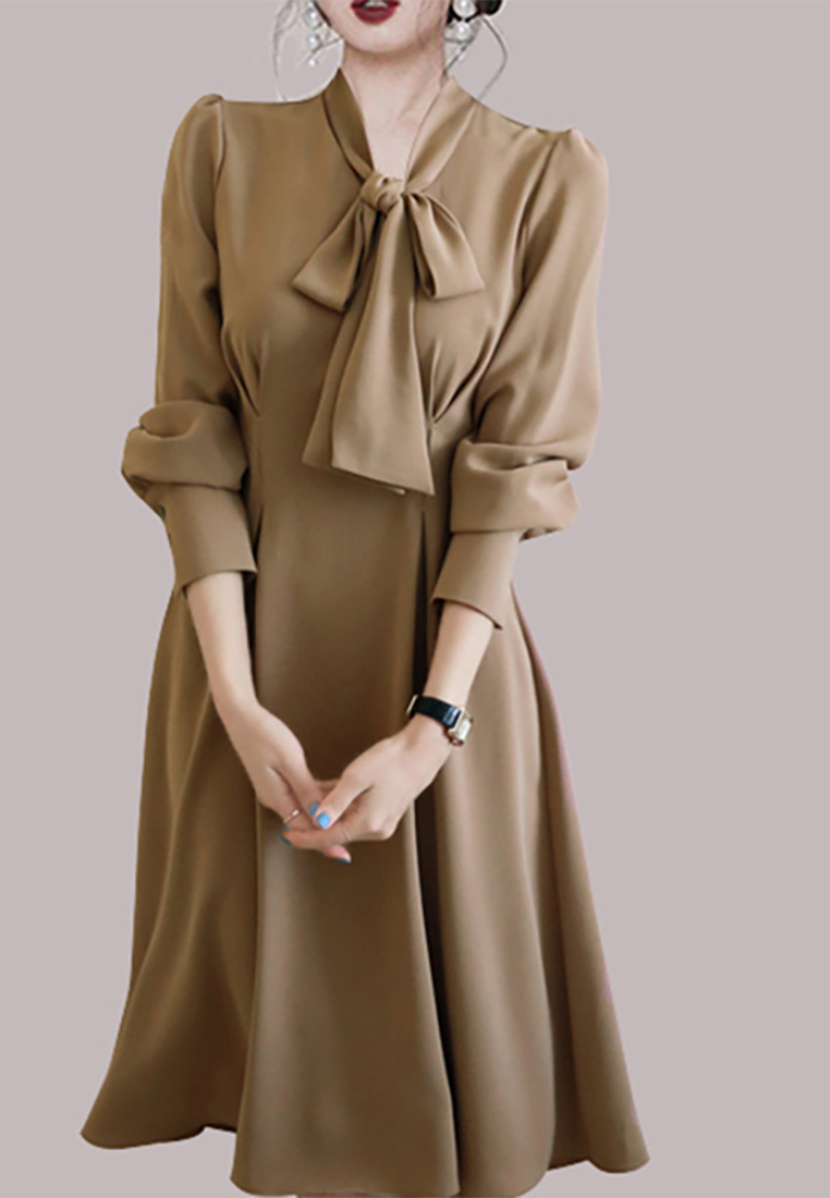 New Autumn Collection Bow-Tie A-Line Dress with Lantern Sleeves CA25091535KI