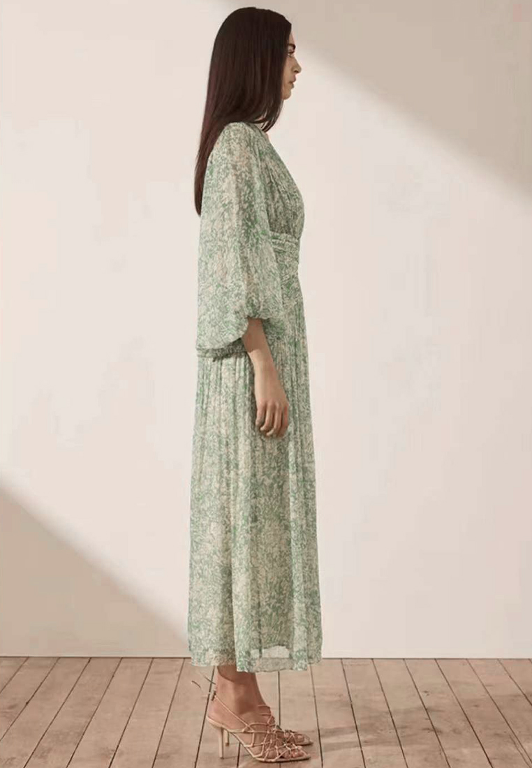 2024 new V-neck green floral dress CA24032635GR