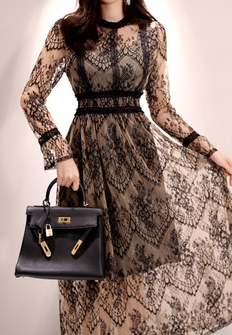 Lace Waist-cinched Swing Midi Evening Dress CA25121135MT