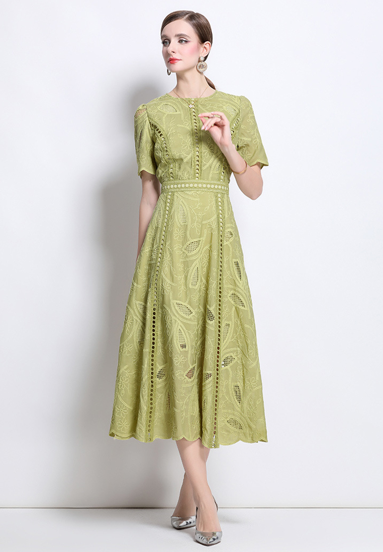Retro high-end round neck lace dress CA25070935GR