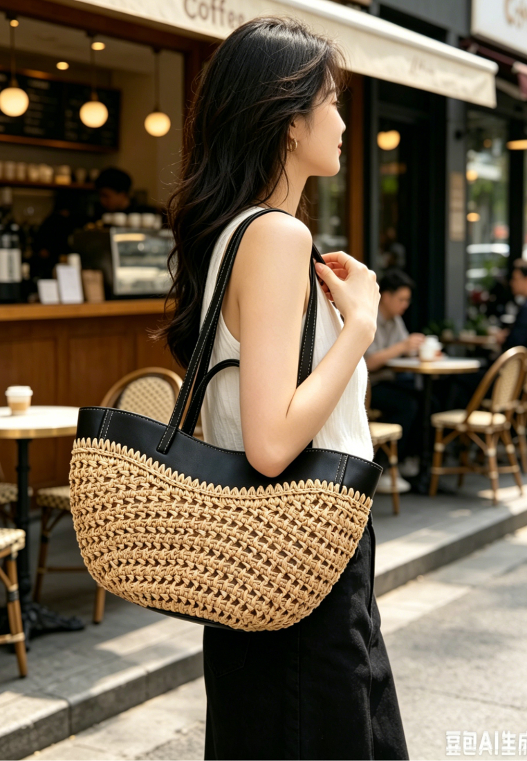 French Resort Style Woven Raffia Tote Bag Large Capacity Beach Shoulder Bag K26051902