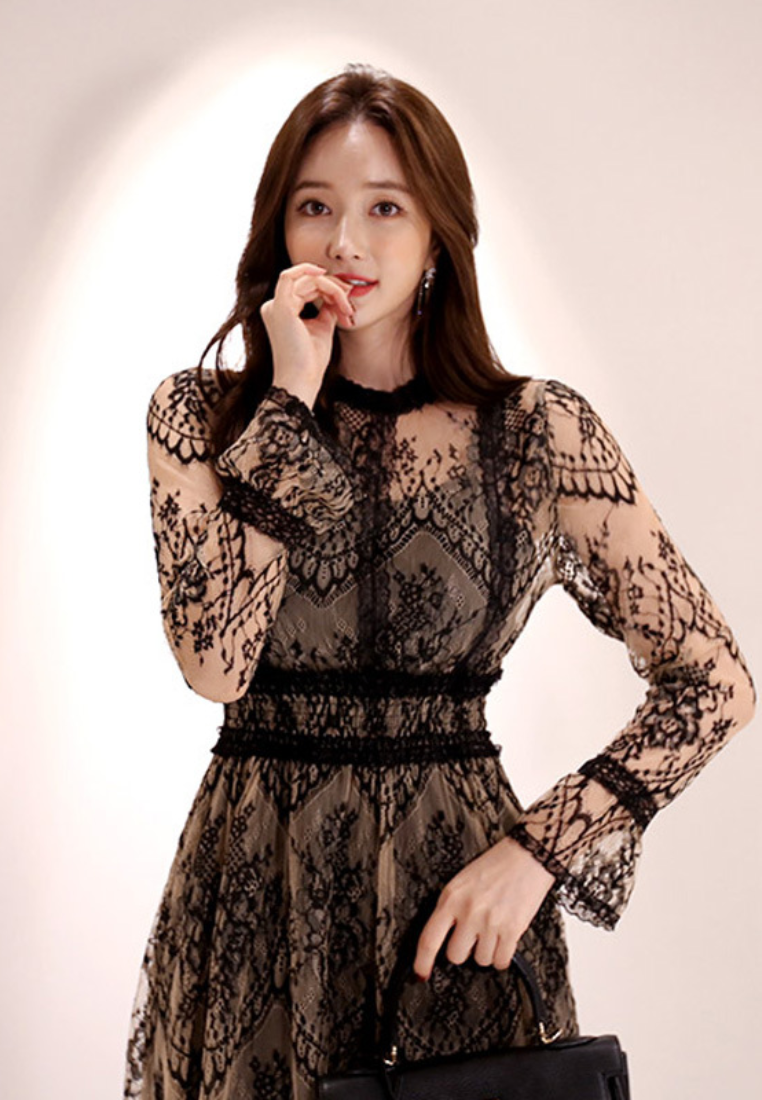 Lace Waist-cinched Swing Midi Evening Dress CA25121135MT