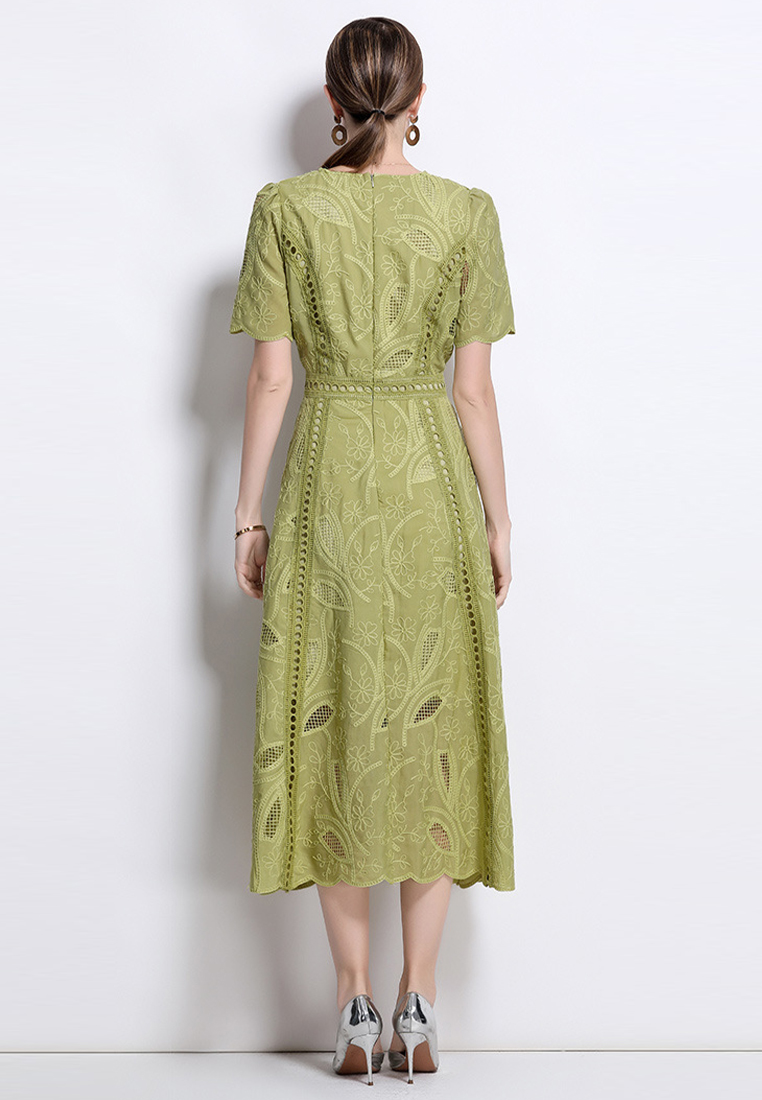 Retro high-end round neck lace dress CA25070935GR