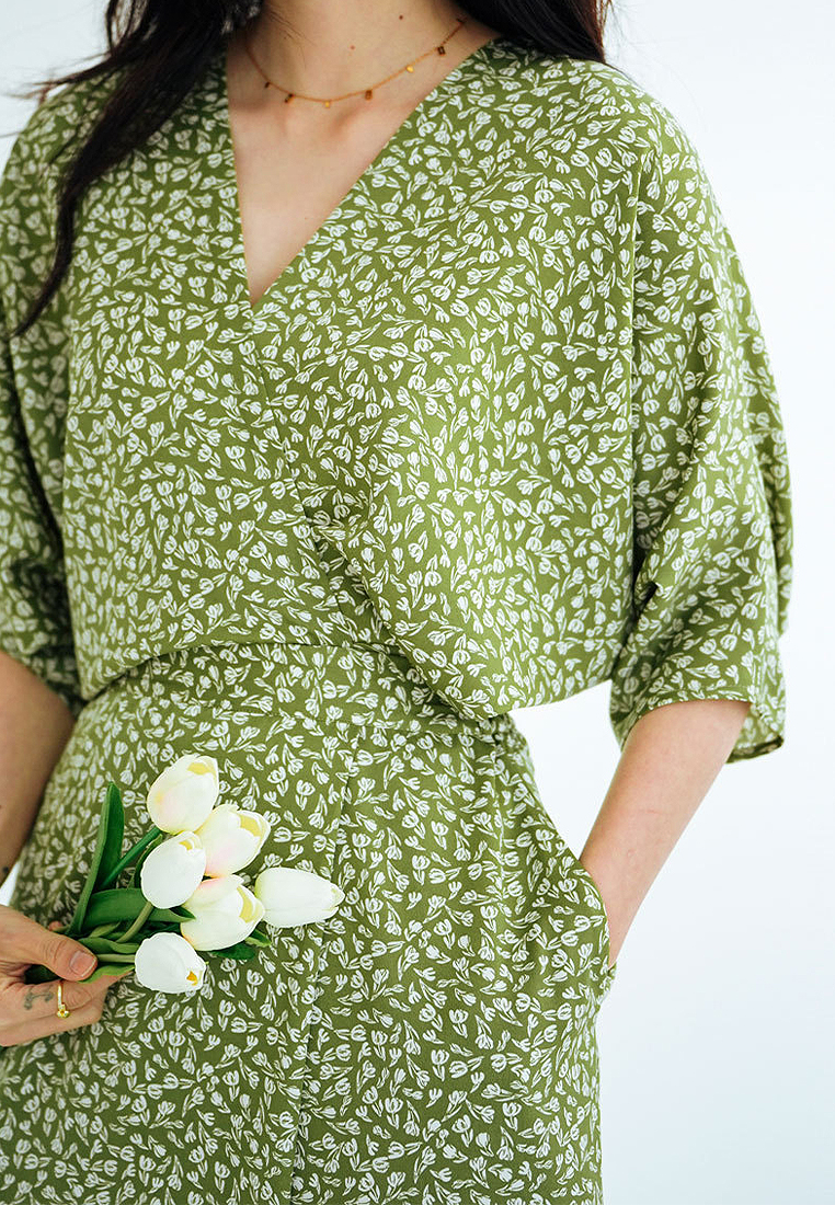 Rose floral print elegant bat sleeve dress CA101935