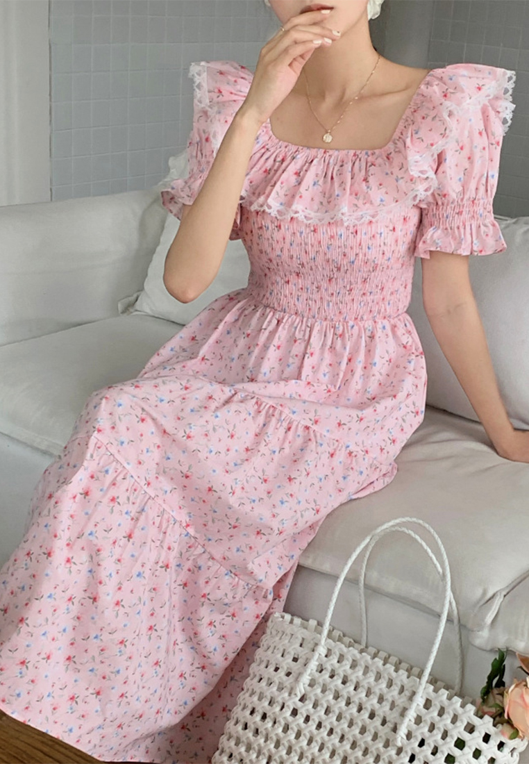 French square neck gentle flared sleeve dress CA25032735PI