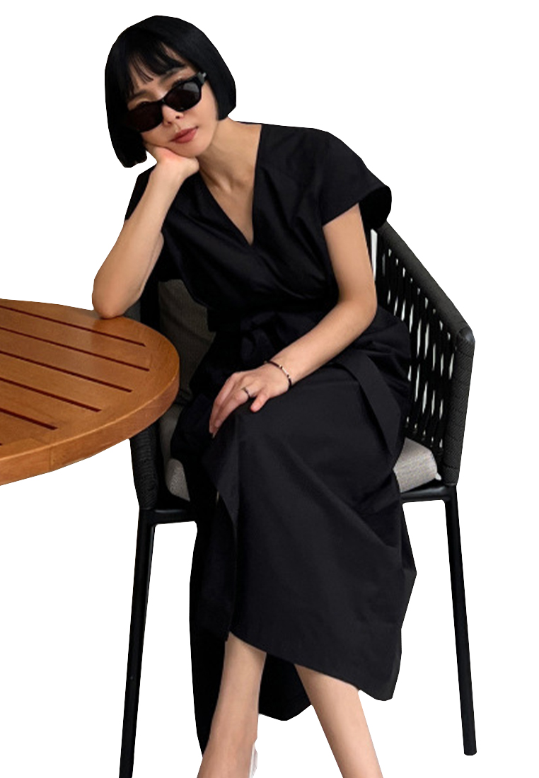 Loose plus-size temperament short-sleeved V-neck long skirt CA24030735BW