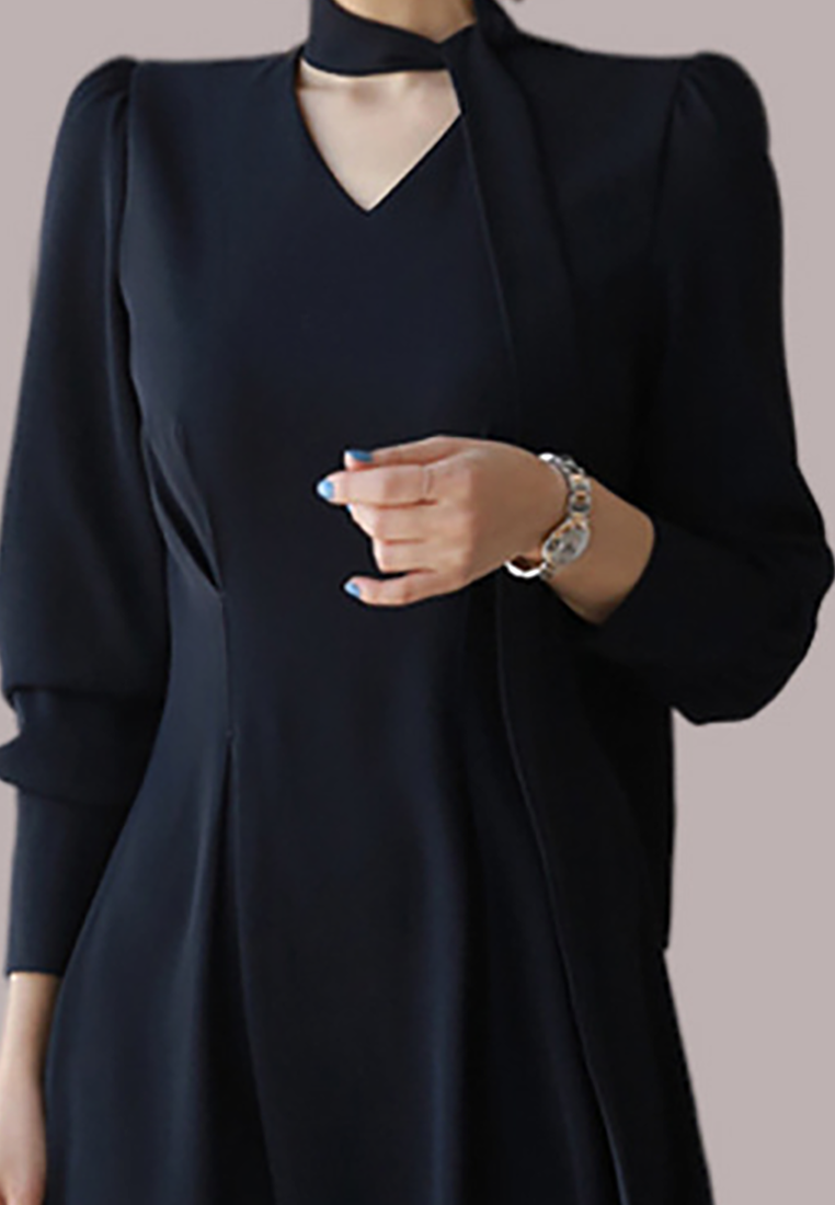 New Autumn Collection Bow-Tie A-Line Dress with Lantern Sleeves CA25091535KI