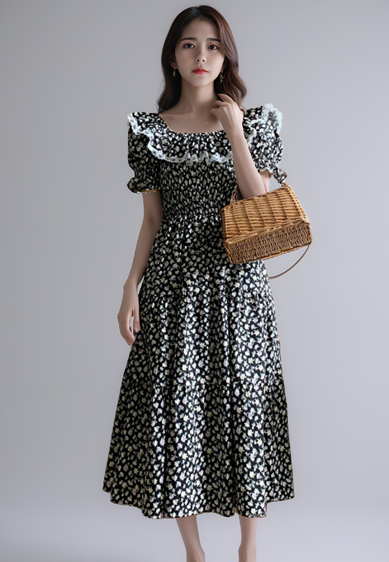 French square neck gentle flared sleeve dress CA25032735PI