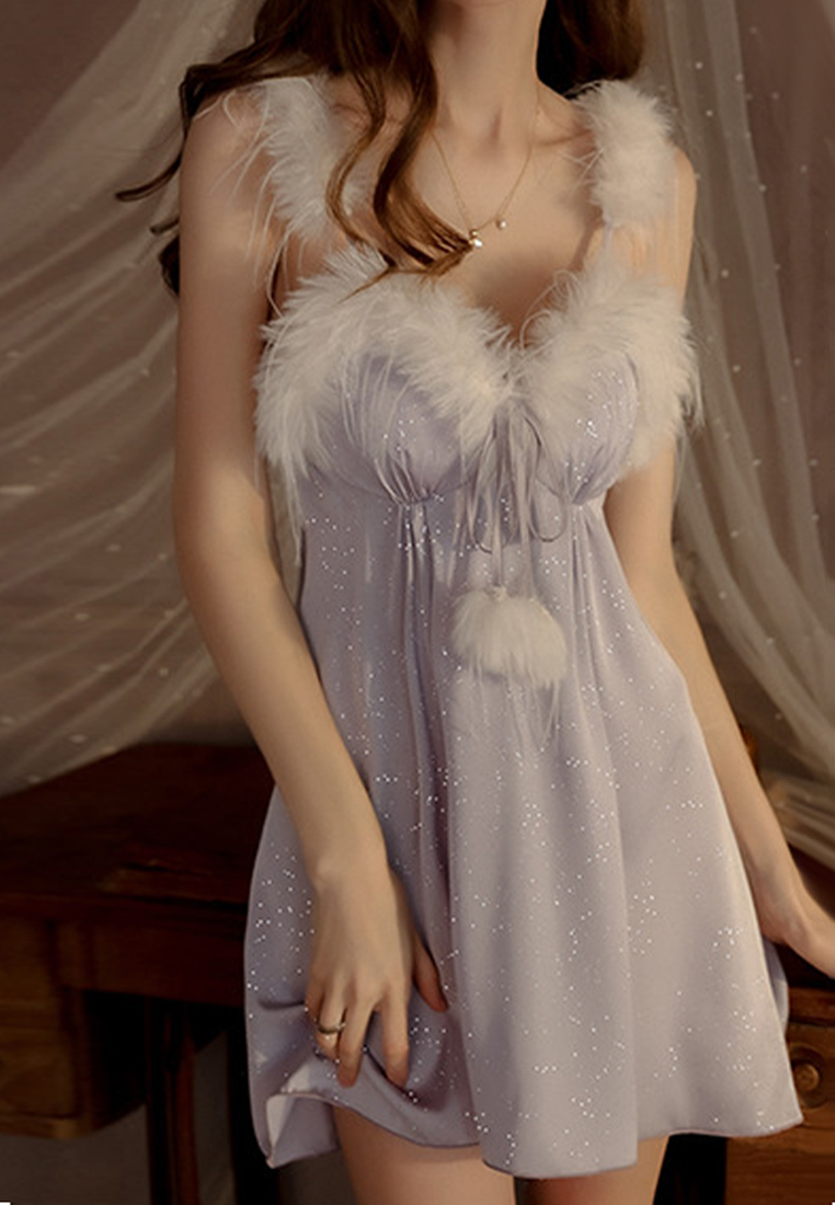 Sweet feather padded suspender nightgown and robe CA24112035PU