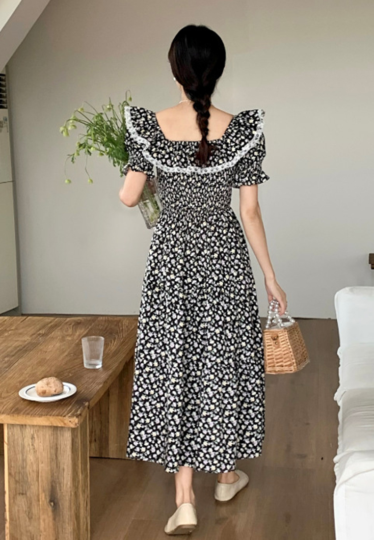 French square neck gentle flared sleeve dress CA25032735PI