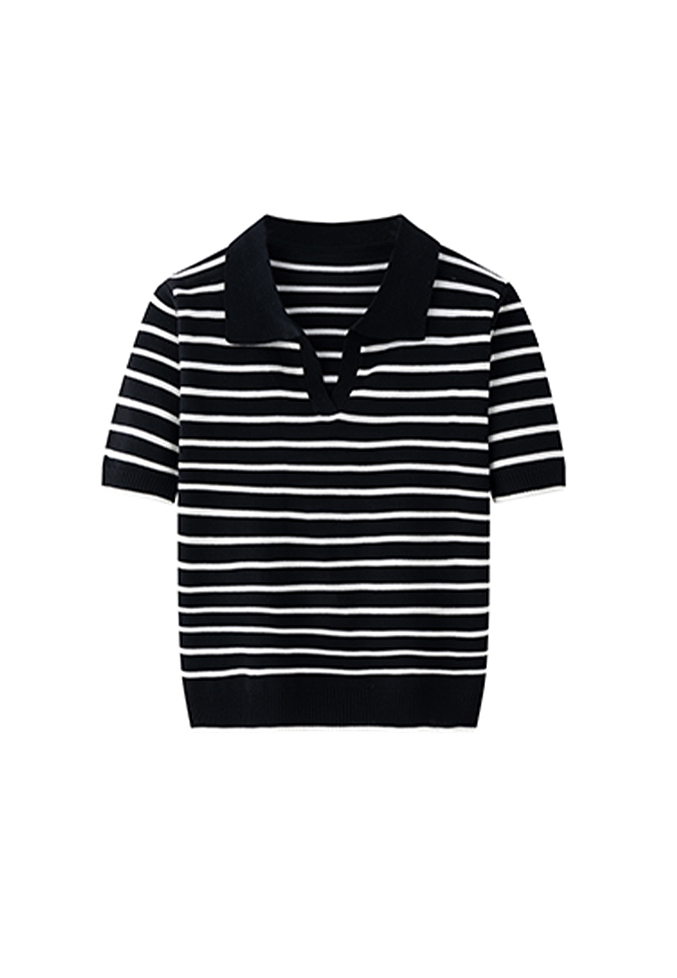 New style spliced lapel striped sweater top CA24050636BK