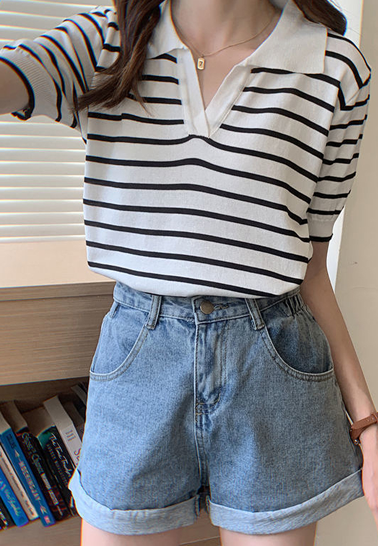 New style spliced lapel striped sweater top CA24050636BK