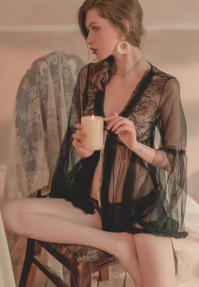 V-neck lace suspender sexy nightdress A010436BK