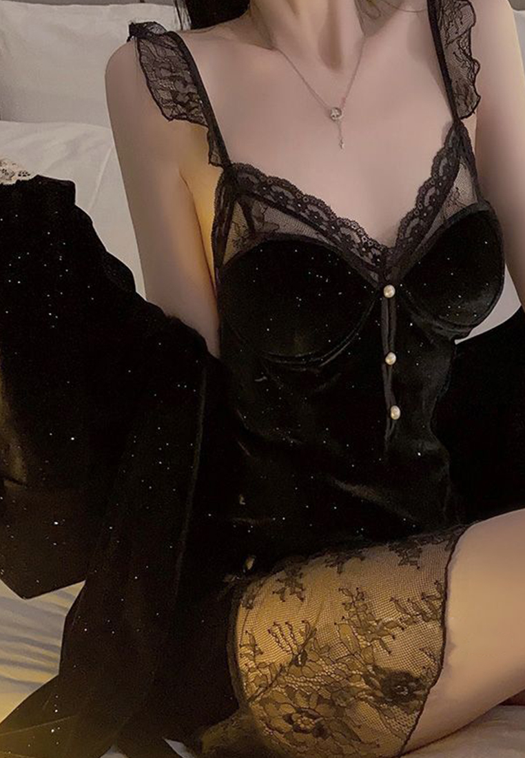 Pearl embellished lace patchwork suspender nightgown robe CA24112036RD