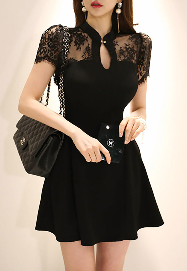 Summer New Lace Panel A-Line Dress CA25091536BK