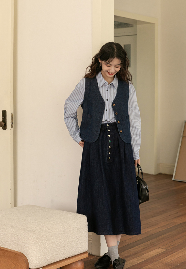 Retro Simple Versatile Denim Vest Top + Shirt + Skirt  CA25091936