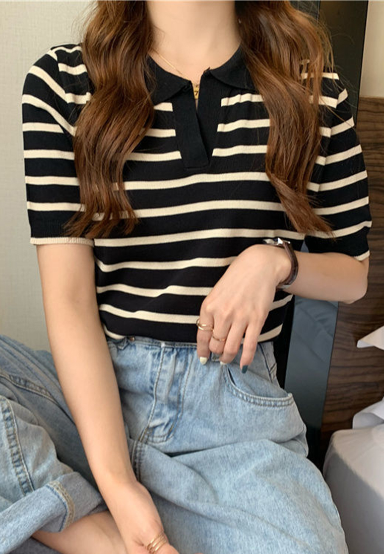 New style spliced lapel striped sweater top CA24050636BK