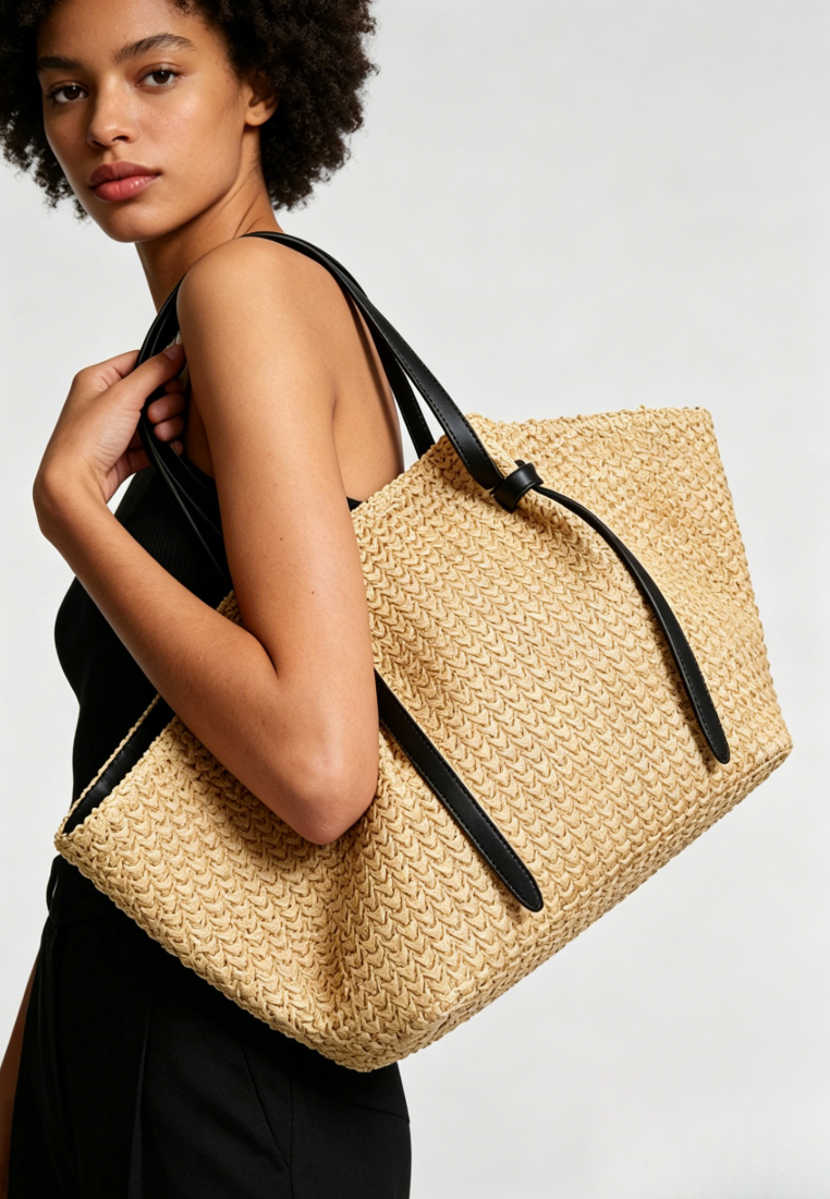 French resort style straw tote bag with leather straps K26051901