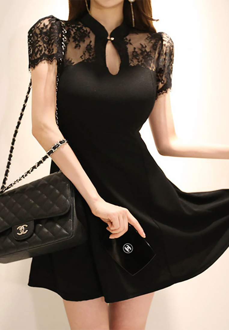 Summer New Lace Panel A-Line Dress CA25091536BK