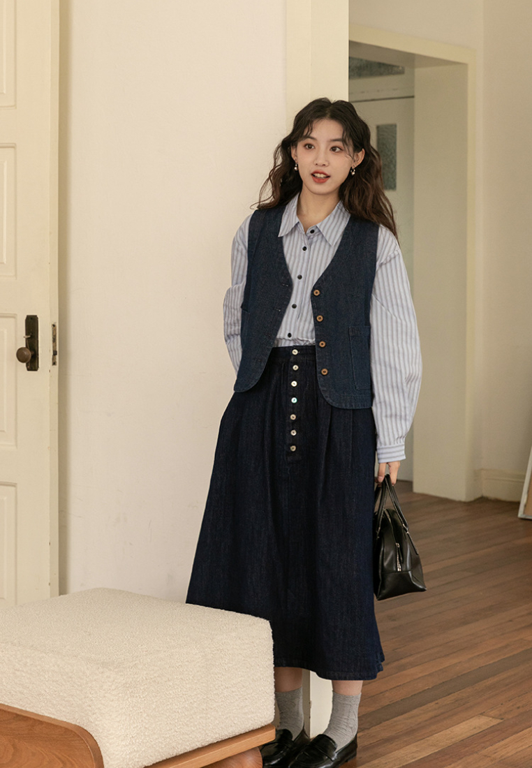 Retro Simple Versatile Denim Vest Top + Shirt + Skirt  CA25091936