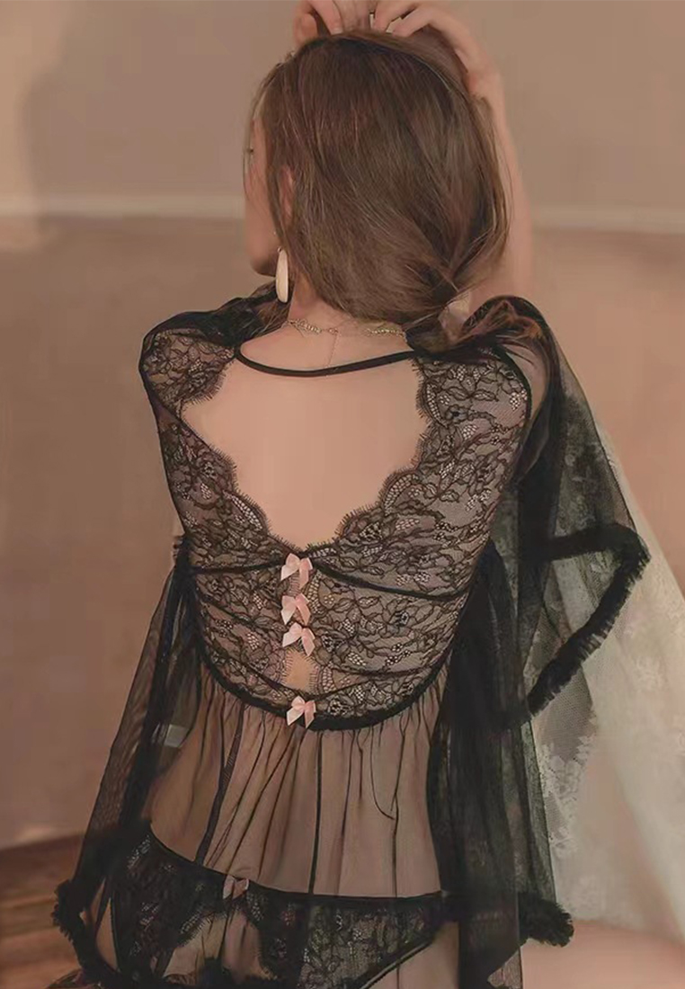 V-neck lace suspender sexy nightdress A010436BK