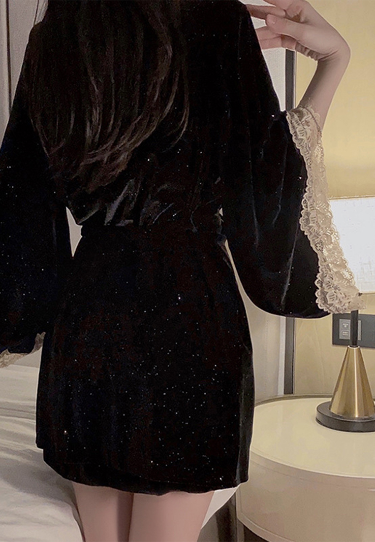 Pearl embellished lace patchwork suspender nightgown robe CA24112036RD