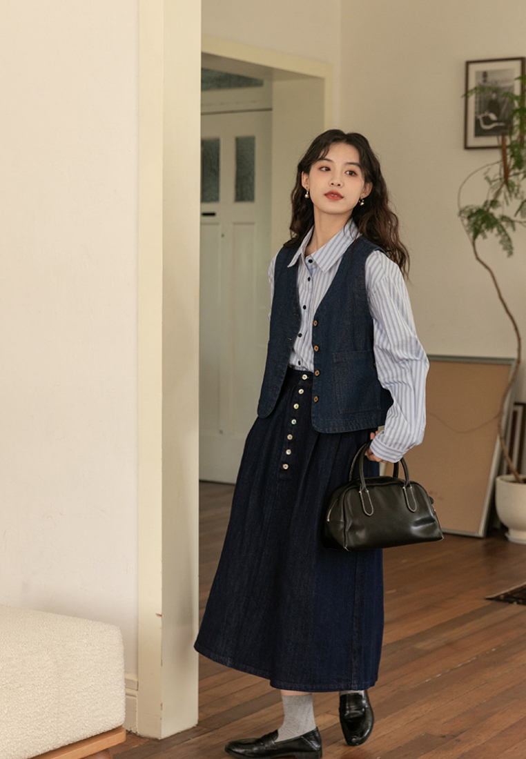 Retro Simple Versatile Denim Vest Top + Shirt + Skirt  CA25091936