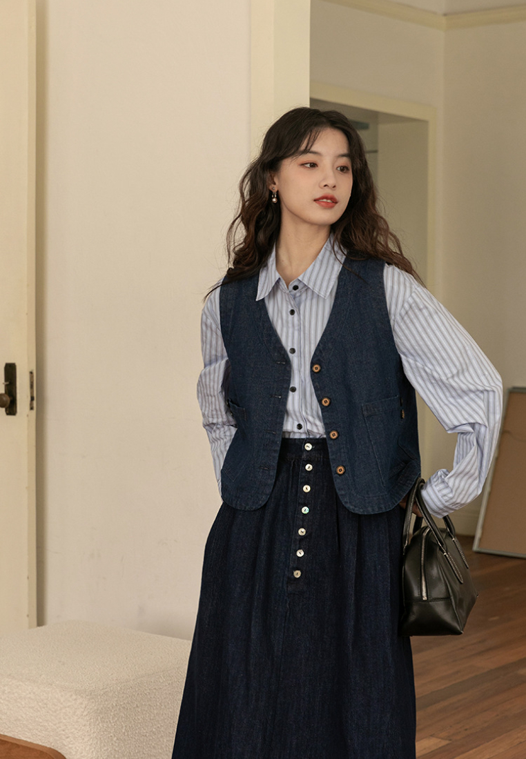 Retro Simple Versatile Denim Vest Top + Shirt + Skirt  CA25091936