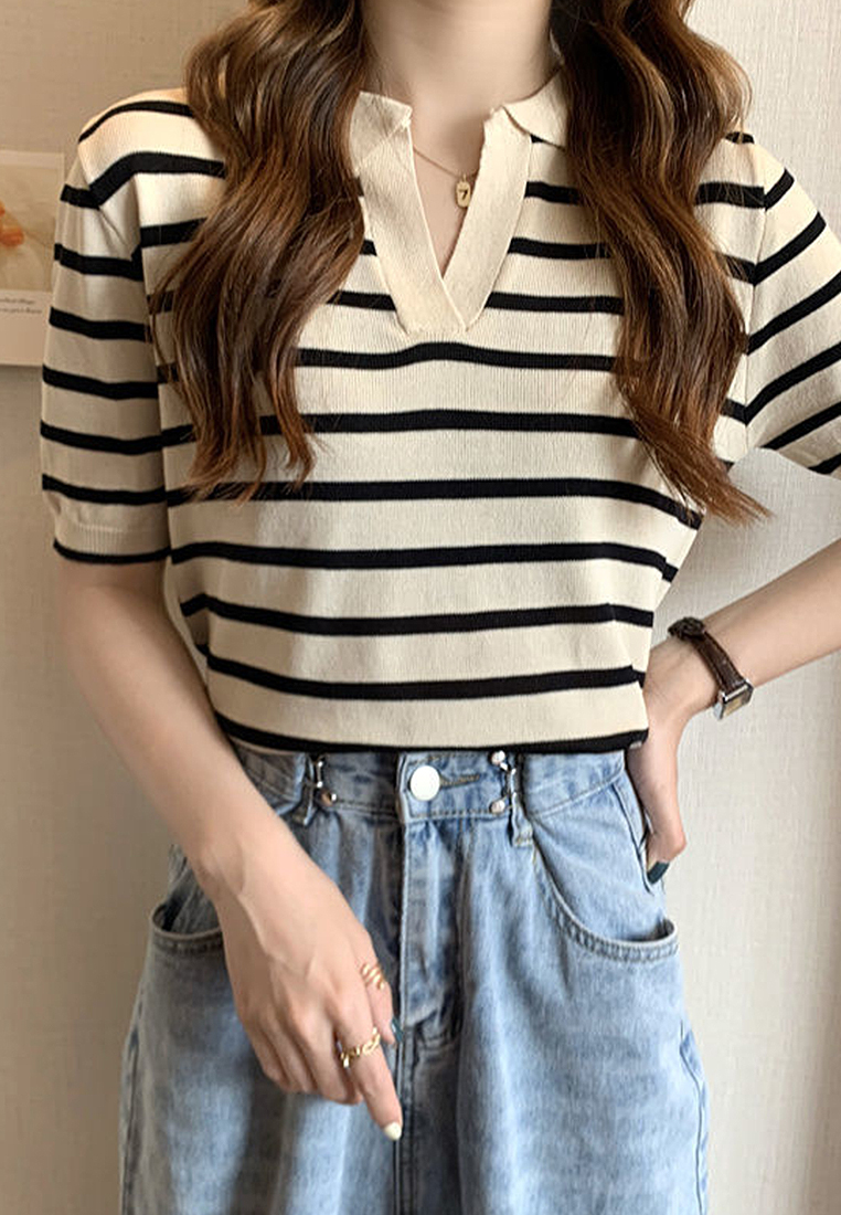 New style spliced lapel striped sweater top CA24050636BK