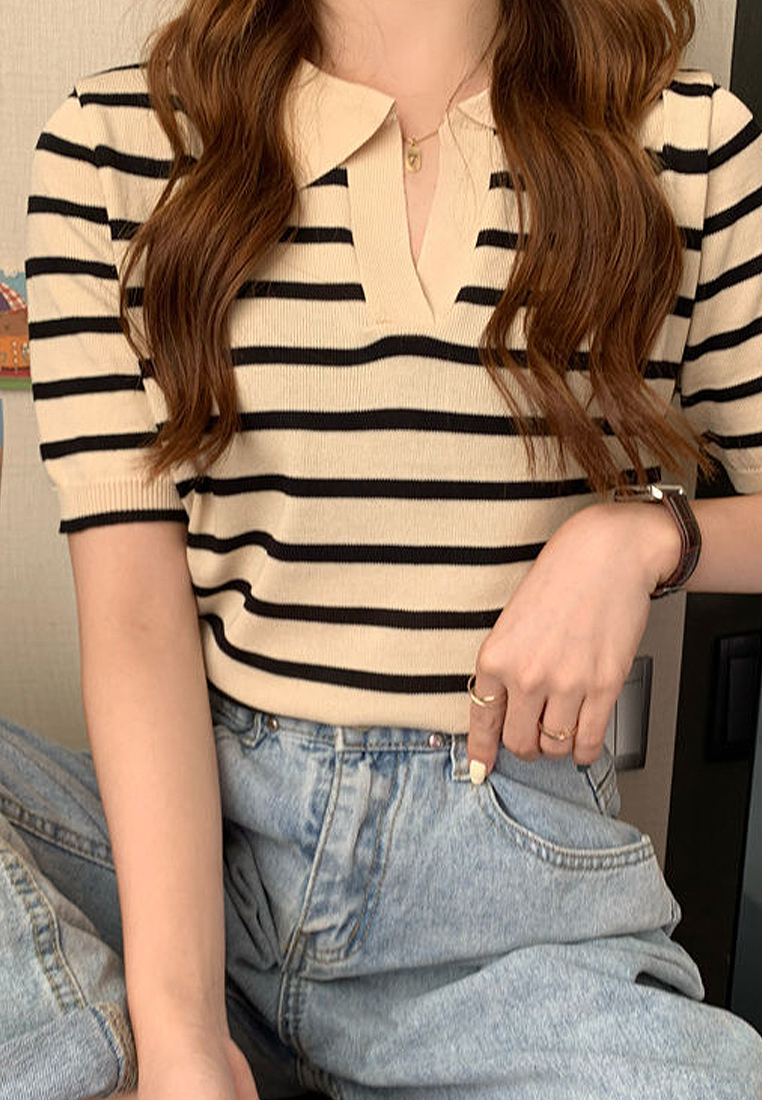 New style spliced lapel striped sweater top CA24050636BK