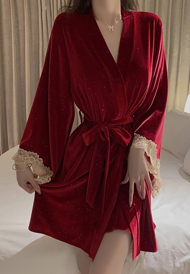 Pearl embellished lace patchwork suspender nightgown robe CA24112036RD