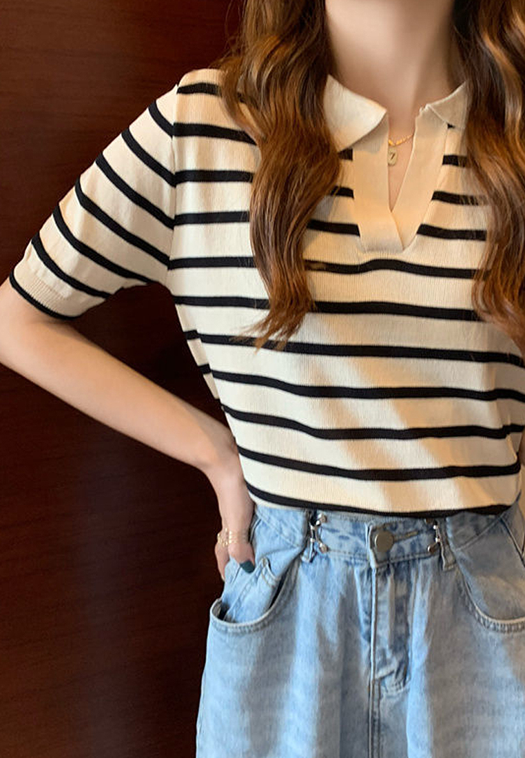 New style spliced lapel striped sweater top CA24050636BK