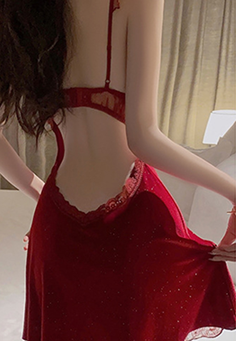 Pearl embellished lace patchwork suspender nightgown robe CA24112036RD