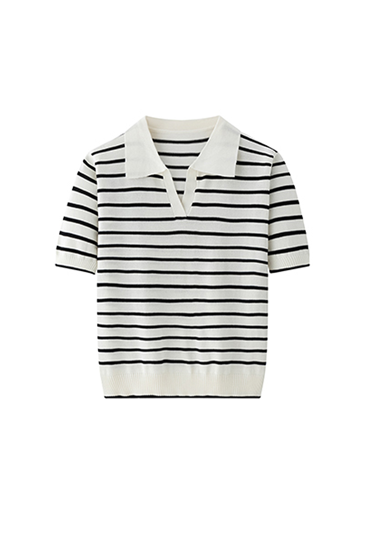 New style spliced lapel striped sweater top CA24050636BK