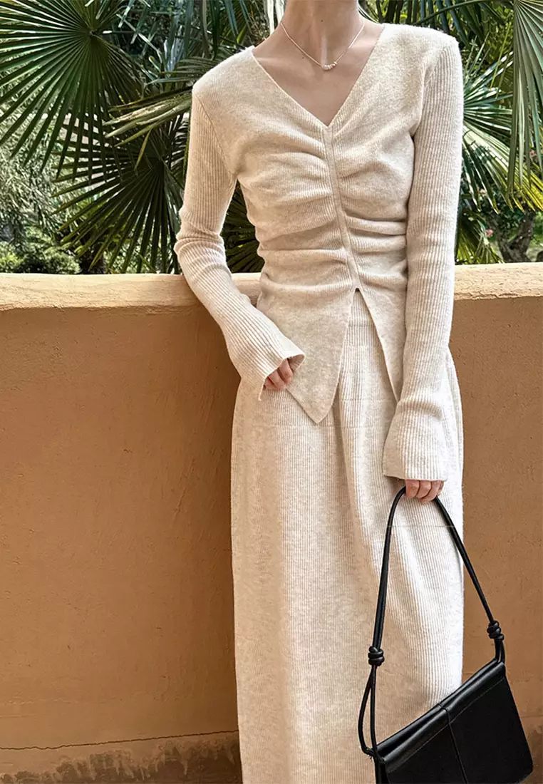 New slim fit pleated top knitted skirt set CA24092353BK