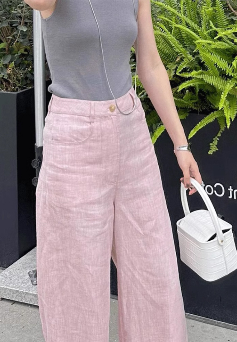 New Pink Ramie Wide Leg Straight Pants K060405PI-S