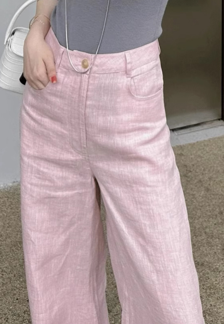 New Pink Ramie Wide Leg Straight Pants K060405PI-S