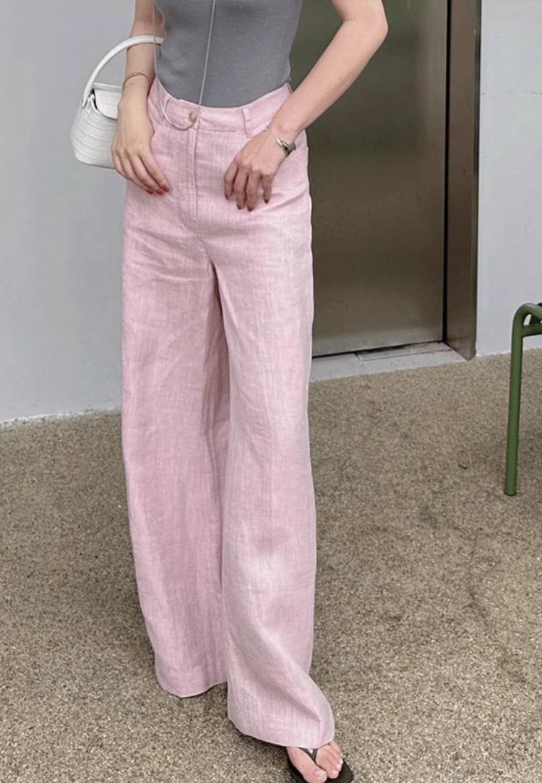 New Pink Ramie Wide Leg Straight Pants K060405PI-S