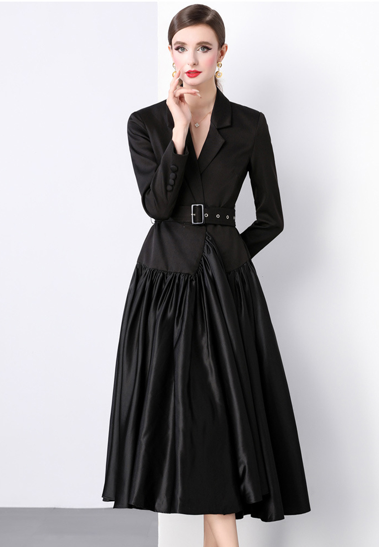 Advanced waist cinched long sleeved lapel patchwork dress CA241128137BK