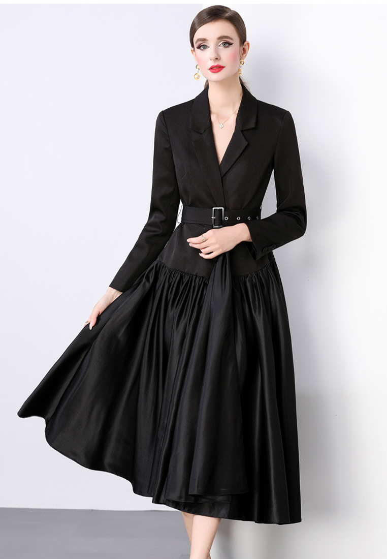 Advanced waist cinched long sleeved lapel patchwork dress CA241128137BK