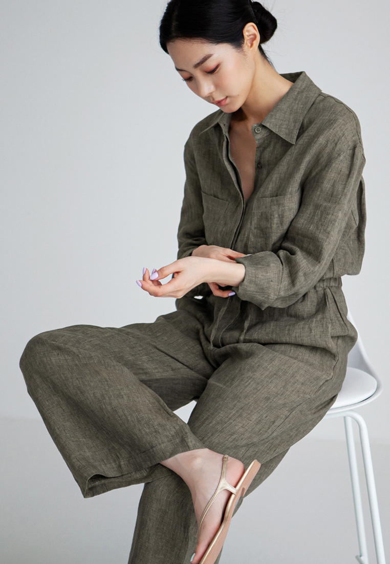 Loose oversized wide-leg one-piece linen set CA24030737