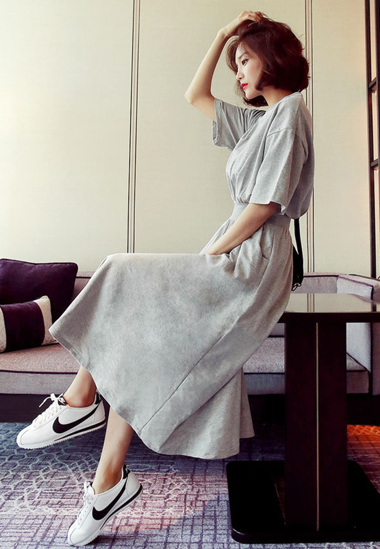 Korean style new summer large hem loose high waist round neck dress CA24050637BKB