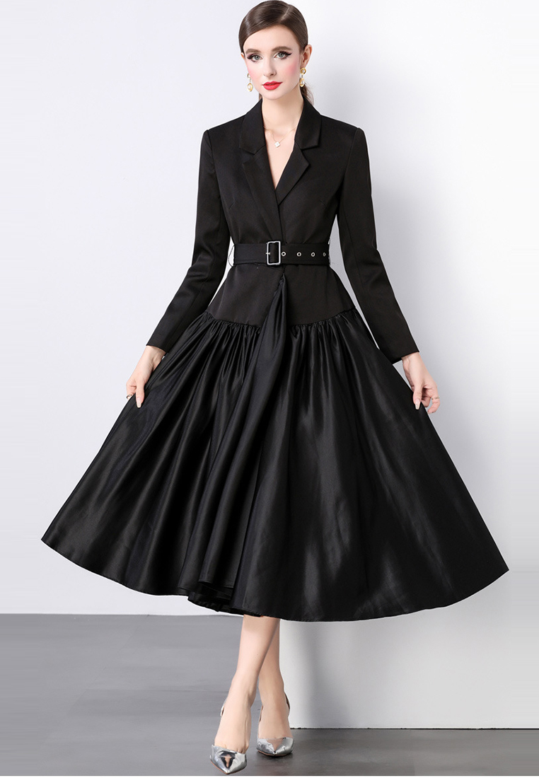 Advanced waist cinched long sleeved lapel patchwork dress CA241128137BK