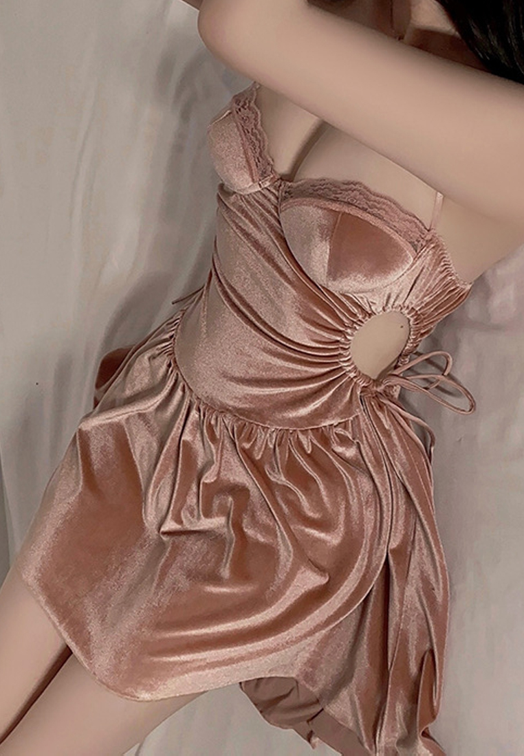 Velvet Low-cut padded suspender nightgown outer robe CA24112038RGD