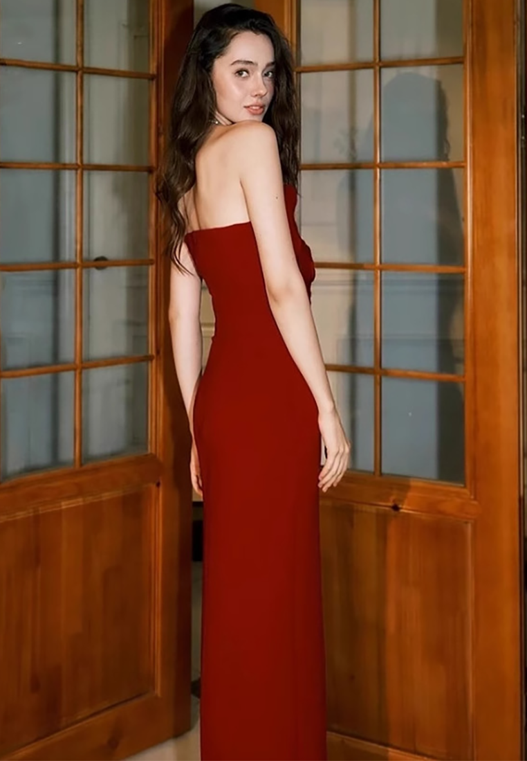 New French 3D Rose Strapless Slit Engagement Dress CA25092537RD