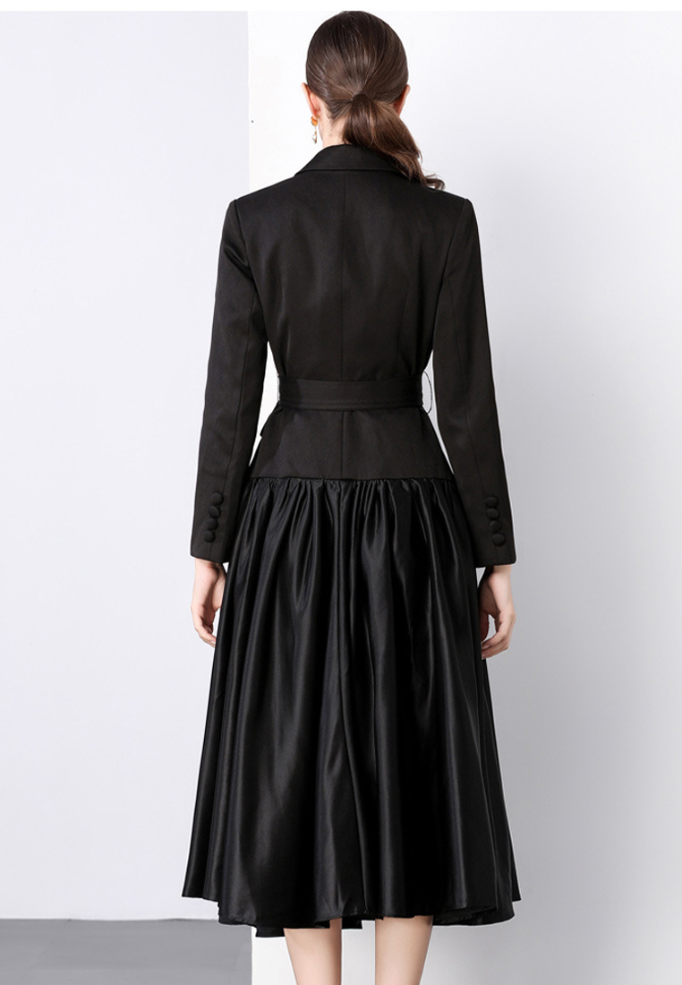 Advanced waist cinched long sleeved lapel patchwork dress CA241128137BK